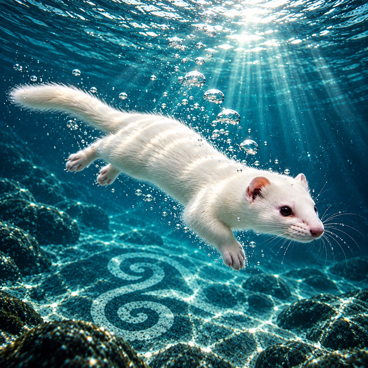 Hermine blanche nageant sous l’eau dans un paysage inspiré de la Bretagne